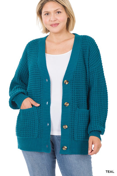 Waffle Sweater Cardigan with Pockets