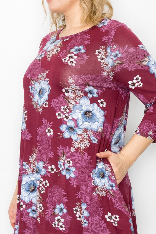 $12 Burgundy Floral 3/4 Sleeve top/Tunic 5X Only