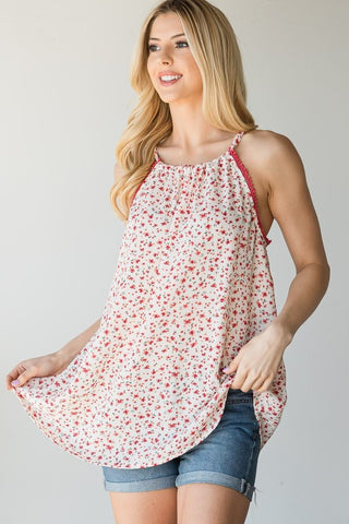 Ivory Floral Tank with Lace Trim