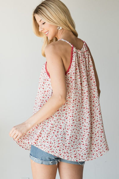 Ivory Floral Tank with Lace Trim