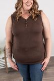 Ribbed Henley Tanks - Brown