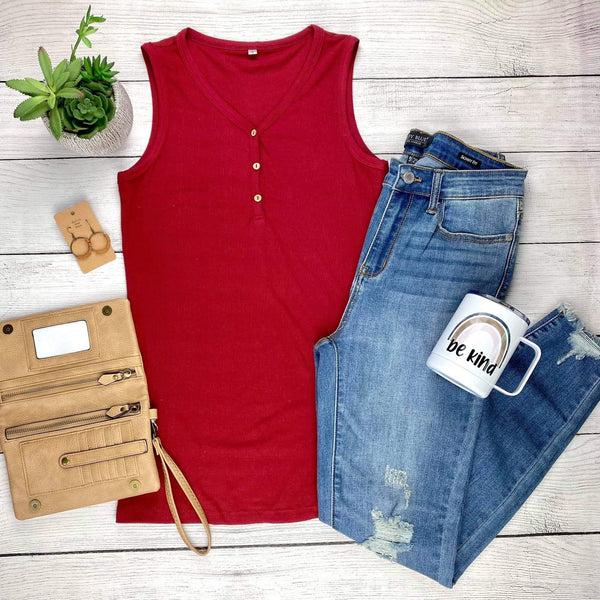 Ribbed Henley Tanks - Cranberry