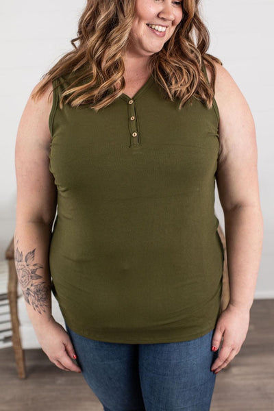 Ribbed Henley Tanks - Army Green