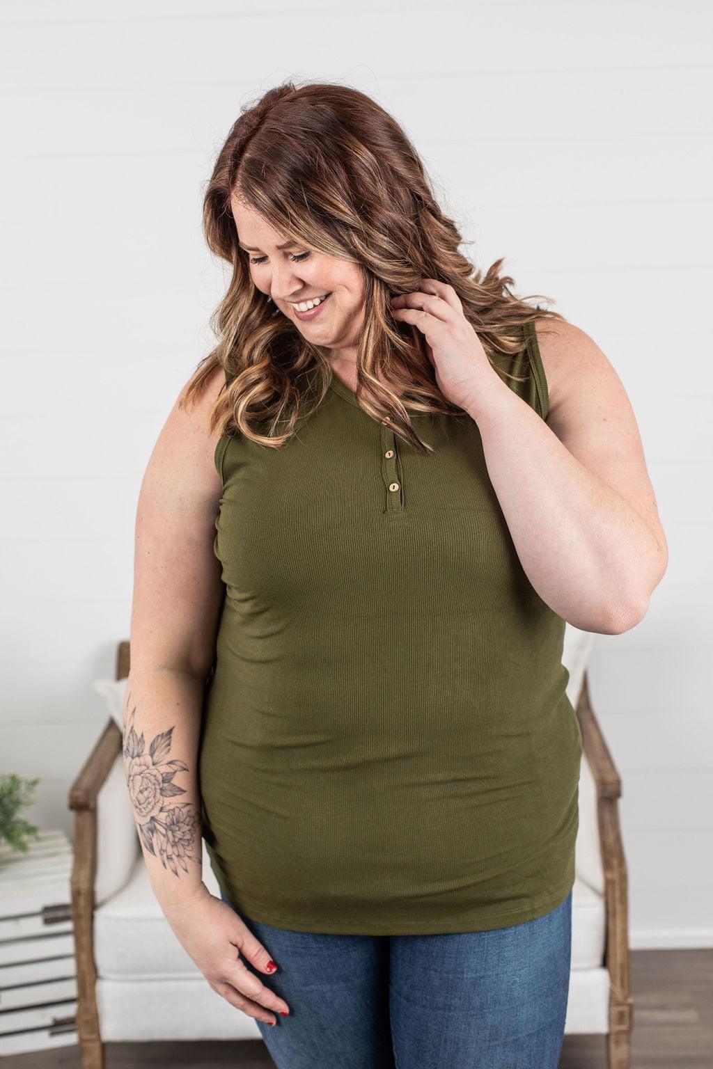 Ribbed Henley Tanks - Army Green